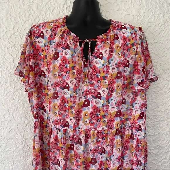 Lane Bryant Pink Short Sleeve Floral Chiffon Tiered Maxi Dress Size 22/24 - Picture 3 of 11